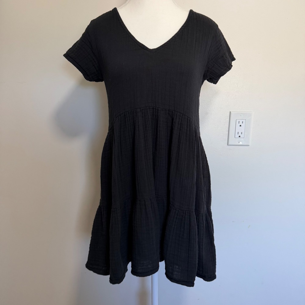 Rip Curl Tiered Gauze Mini Dress Black Womens XS Vacation Casual Beach Boho